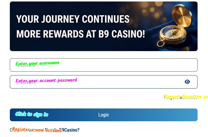b9casino sign up login screenshot 1