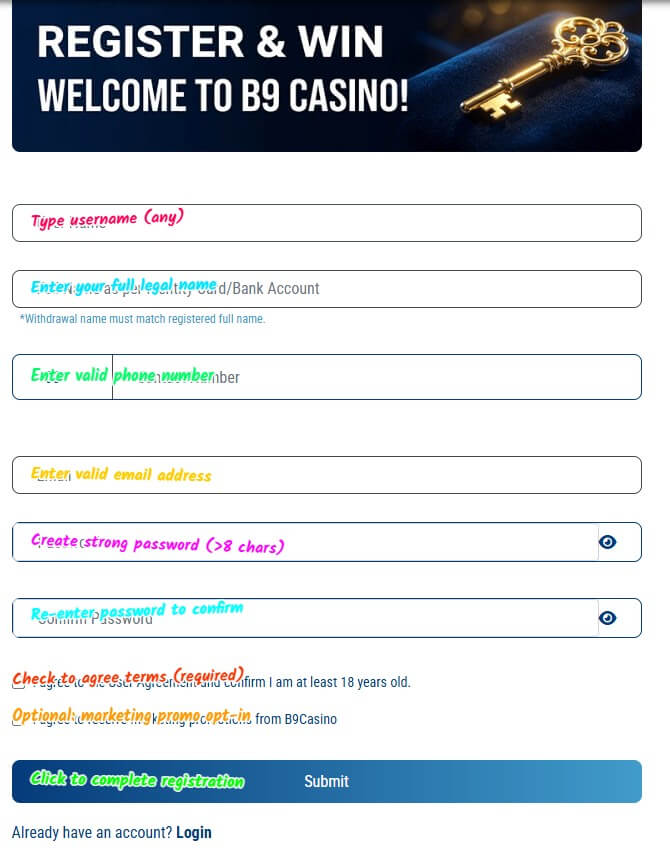 b9casino sign up login screenshot 2