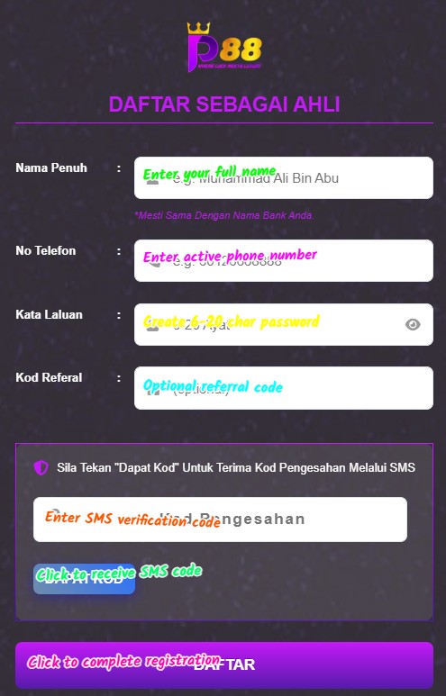 pavillion88 sign up login screenshot 1
