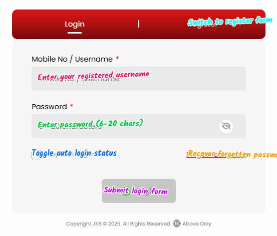 JK8 sign up login screenshot 2