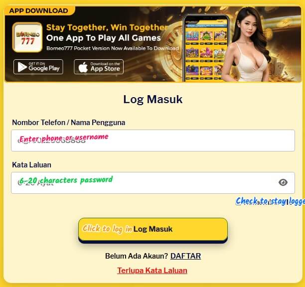 borneo777 sign up login screenshot 2