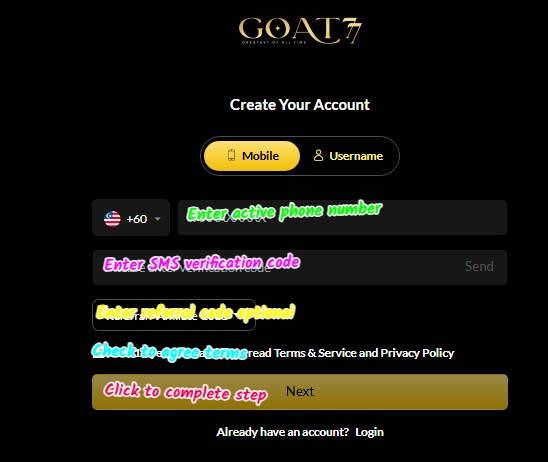 goat77 sign up login screenshot 1